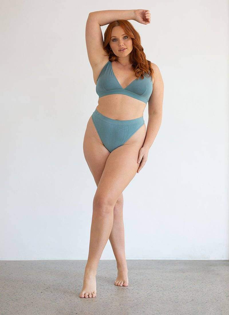 Blue cheeky G-string underwear with narrow front and elastic trim