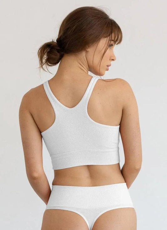 White women's bralette back view with racerback straps and scoop neckline