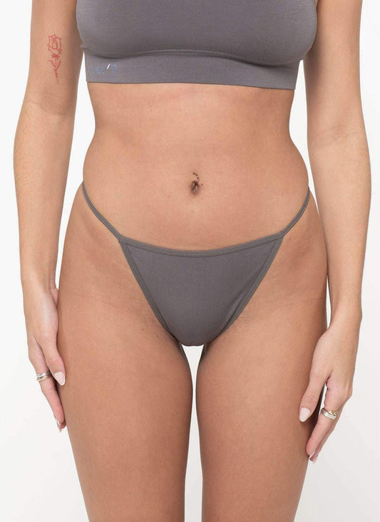 Slate gray G-string thong with thin side straps, front view