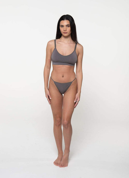 Slate gray G-string thong with thin straps, full front view