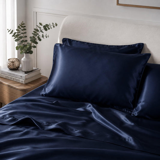 Navy satin pillowcase on bed pillow, envelope-style opening, glossy finish