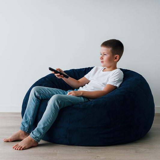 Cloud plush fur bean bag in dark navy, oversized round lounge seat