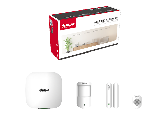 DAHUA wireless alarm kit includes 1 x panel 3 x pir (dahi9969) 1 x door reed (dahi9986) 1 x 4 button key fob/remote (dahi9971) 1 x outdoor siren (dahi9960) 1 x indoor siren (dahi9959)