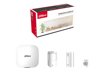 DAHUA wireless alarm kit includes 1 x panel 3 x pir (dahi9969) 1 x door reed (dahi9986) 1 x 4 button key fob/remote (dahi9971) 1 x outdoor siren (dahi9960) 1 x indoor siren (dahi9959)