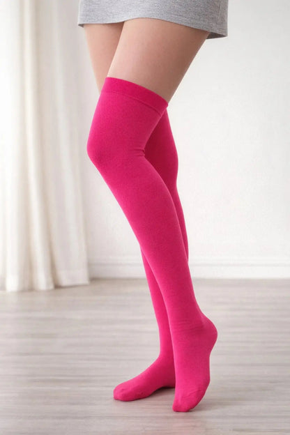 New Womens Ladies Cotton Socks Hot Pink Thigh High Socks Size 2-8