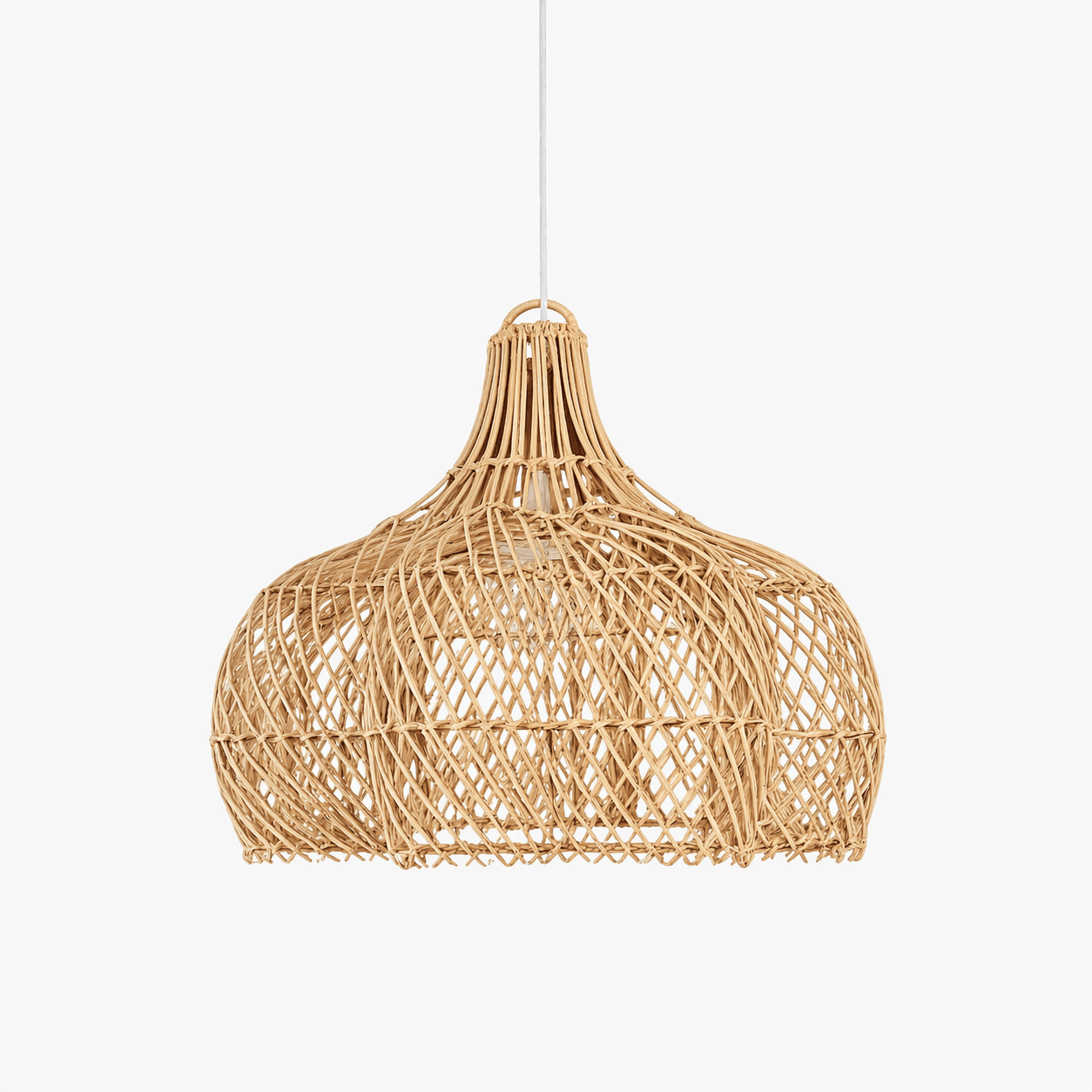 Natural rattan bell pendant light with woven lattice shade and hanging cord