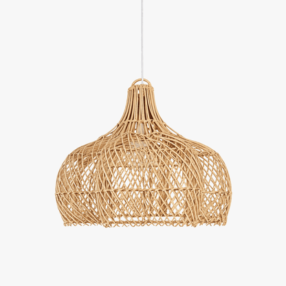 Natural rattan bell pendant light with woven lattice shade and hanging cord