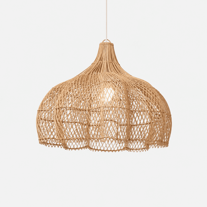 Natural rattan pendant light with inverted bell shade, woven lattice, and cord
