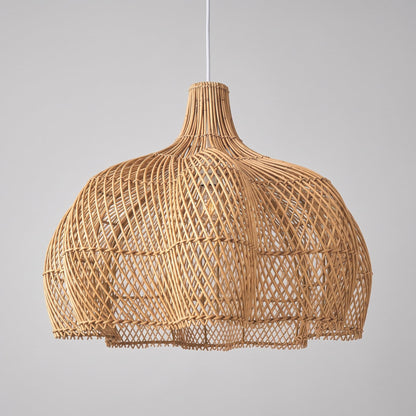 Natural rattan pendant light with rounded dome bell shade, open weave, hanging cord