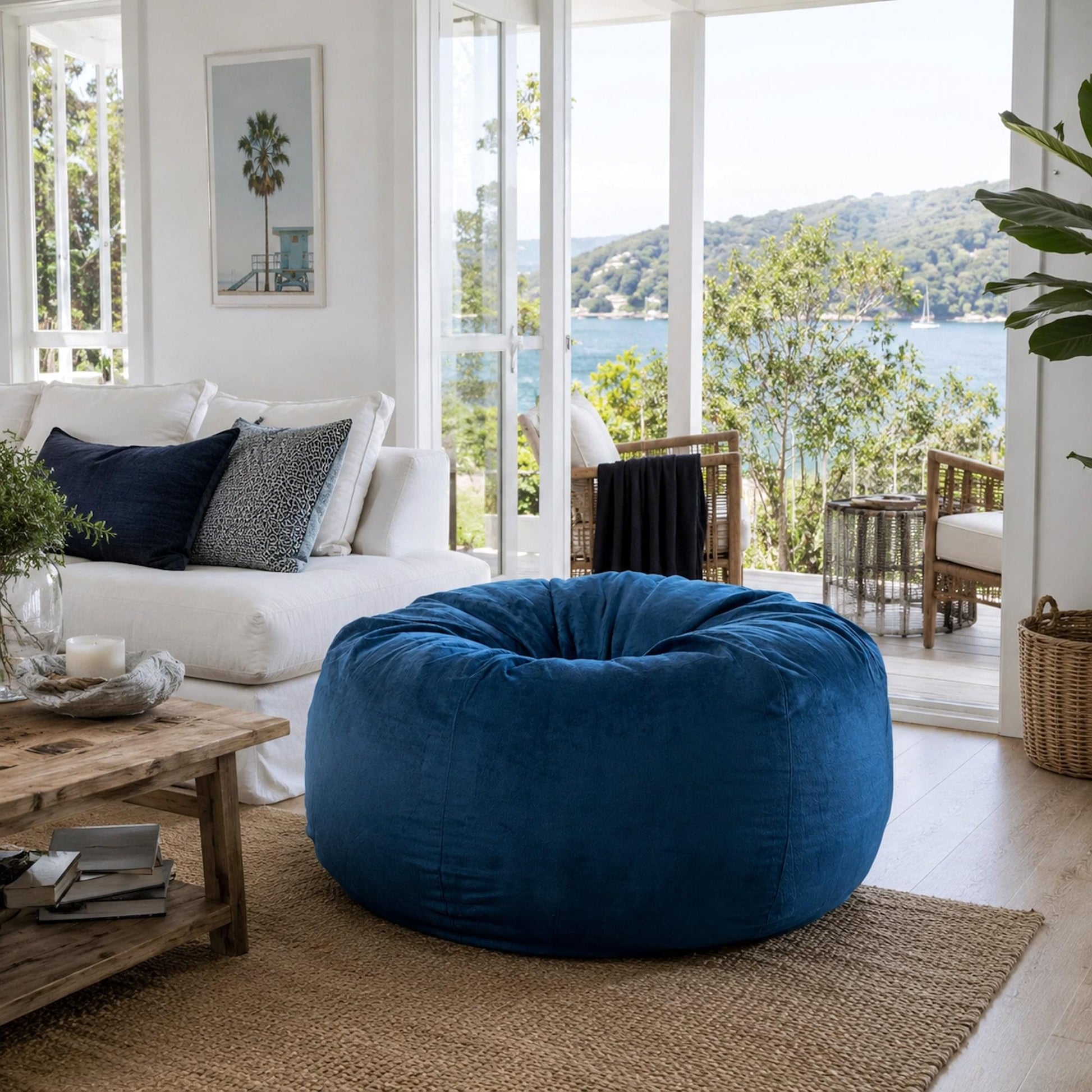 Ocean blue rounded bean bag in living room, plush fur-style upholstery