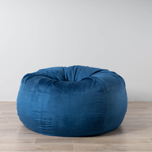 Ocean blue fur-style bean bag with rounded, tufted top seam