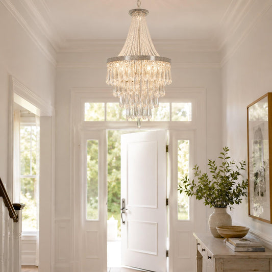 Hanging crystal chandelier with tiered clear drops and a sparkling metal frame