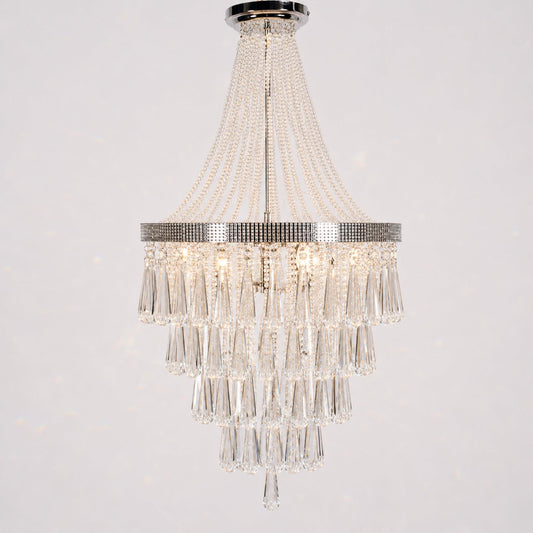 Crystal chandelier with tiered clear strands and a dark metal canopy