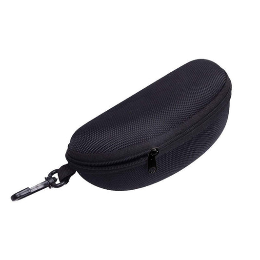 Large waterproof sunglasses case, black textured oval with zipper and carabiner clip