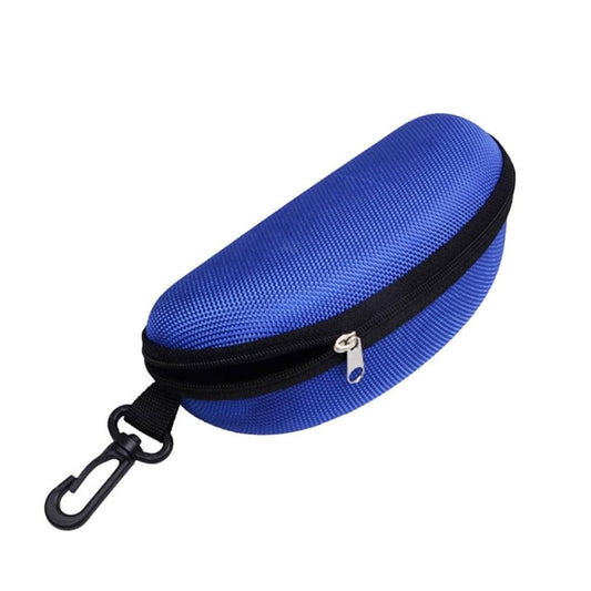 Blue waterproof sunglasses case with black zipper and carabiner clip.