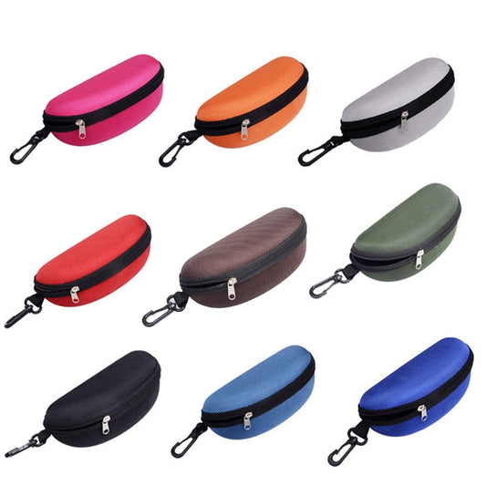Set of textured sunglasses cases with zippers and carabiners, assorted colors