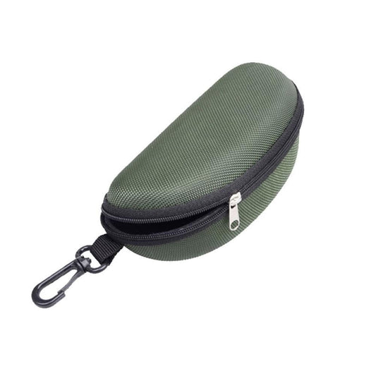 Large green zippered sunglasses case with carabiner clip, padded fabric shell