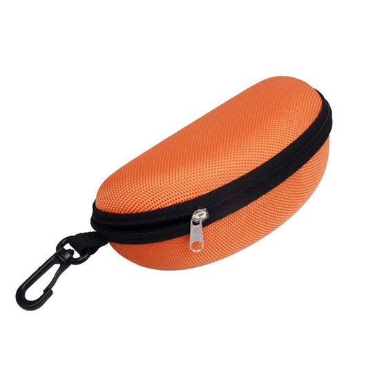 Sunglasses case, orange textured fabric with zip closure and carabiner clip.