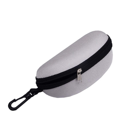 Gray sunglasses case with black zipper and carabiner clip, textured protective pouch