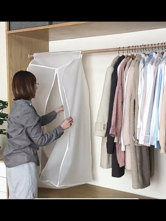 Garment cover storage bag with zipper, open front protecting hanging clothes