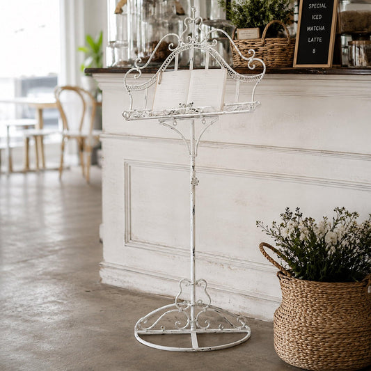 Shabby chic white metal book and menu stand with ornate scroll top