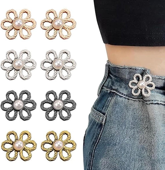 Flower-shaped waist extender buttons with pearl center in gold, silver, and dark metal