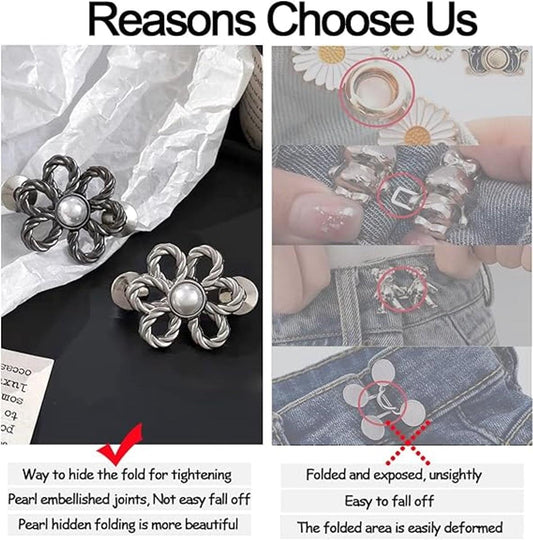 Silver flower waist buttons with pearl center shown on folded denim