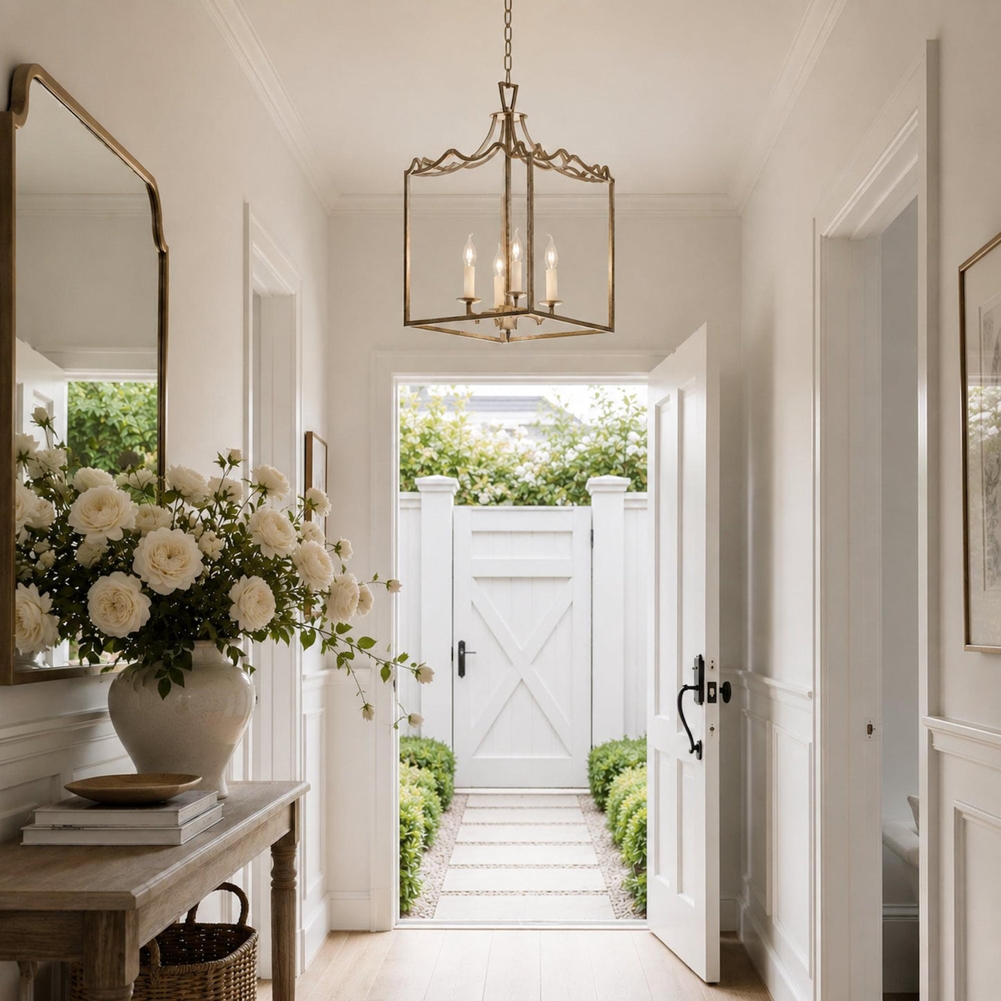 Brushed champagne box frame lantern pendant light with four candelabra bulbs