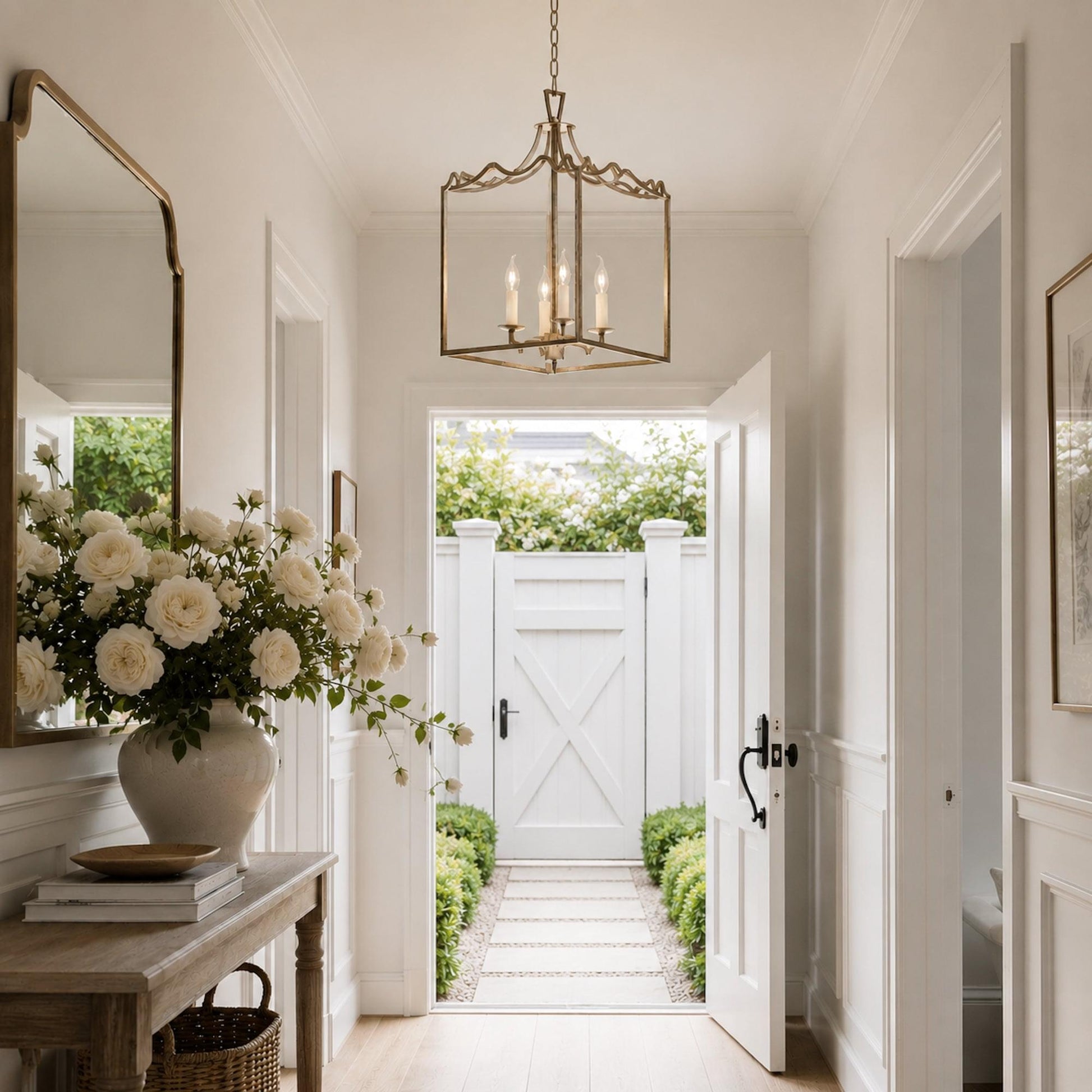 Brushed champagne box frame lantern pendant light with four candelabra bulbs