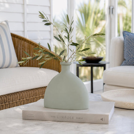 Ceramic vase in sage grey with faux peony stems and leaves