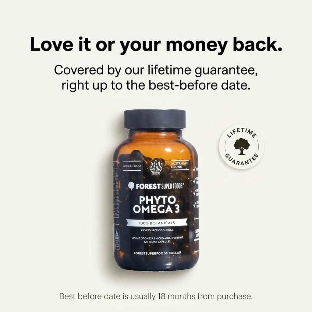 Omega-3 supplement bottle with black cap, front label and circular seal