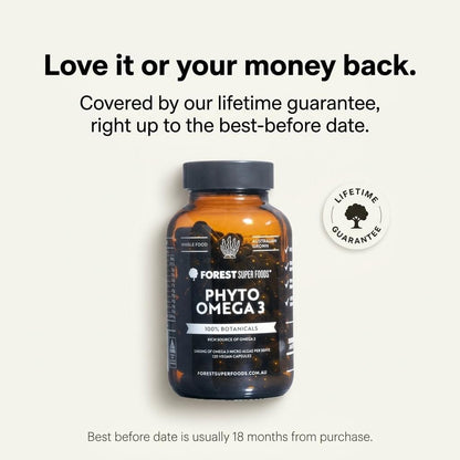 Omega-3 supplement bottle with black cap, front label and circular seal