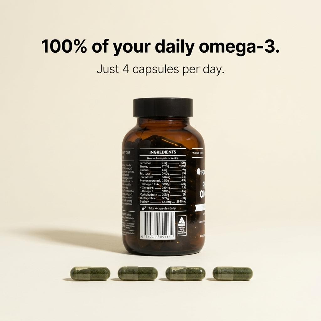Omega-3 supplement bottle back label with green softgel capsules