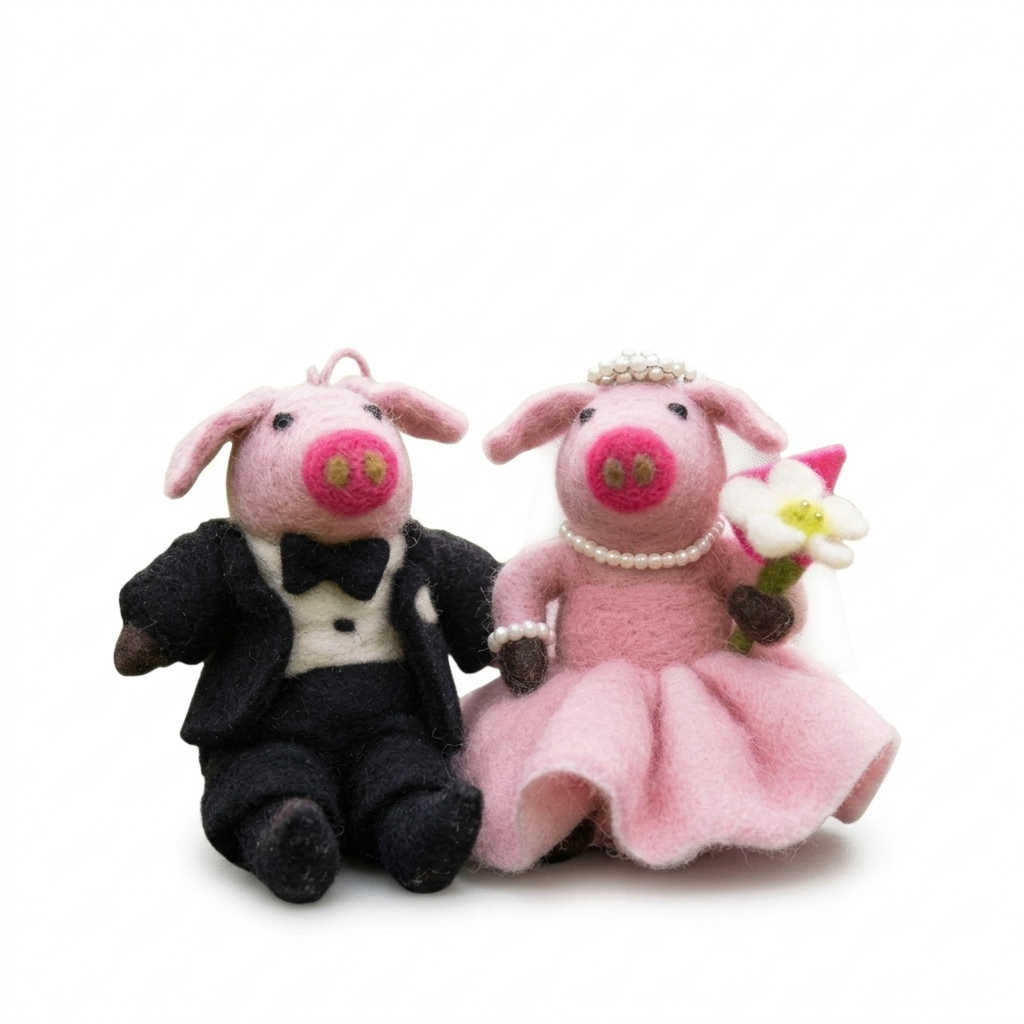 Handmade Wool Felt Wedding Pig Couple Ornament