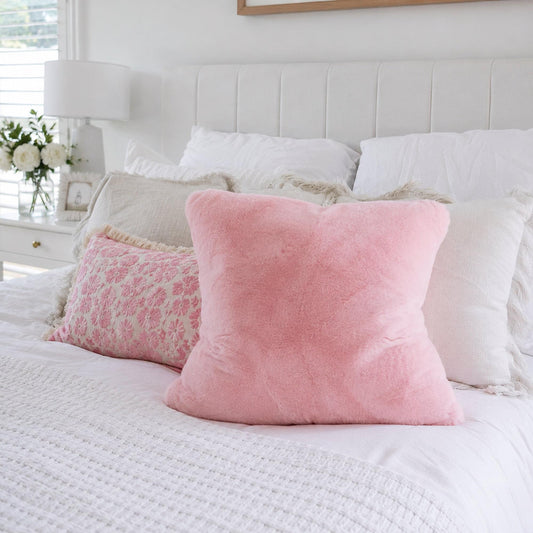 Soft pink plush fur cushion cover with insert, square throw pillow