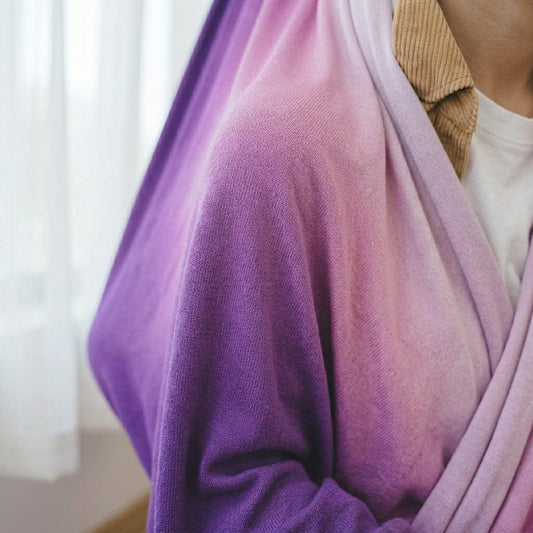 Ombre knit cocoon swing fabric, pink to purple gradient with gathered top
