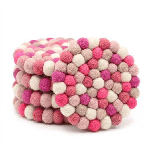 Round wool felt coaster, pink and cream felt balls with tan accents