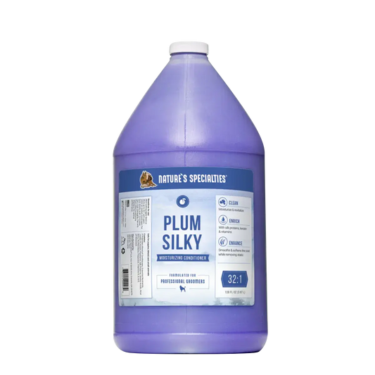 Front label view of NATURE'S SPECIALTIES Plum Silky conditioner bottle, purple