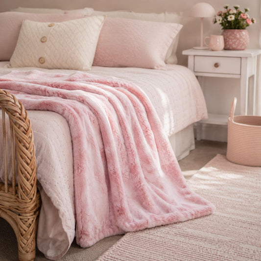 Pink plush faux fur throw blanket draped over bed in soft folds