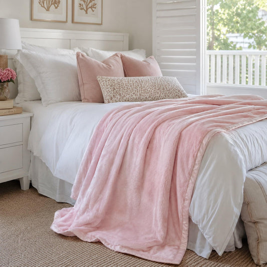 Pink plush fur throw blanket draped over a bed, with soft textured surface