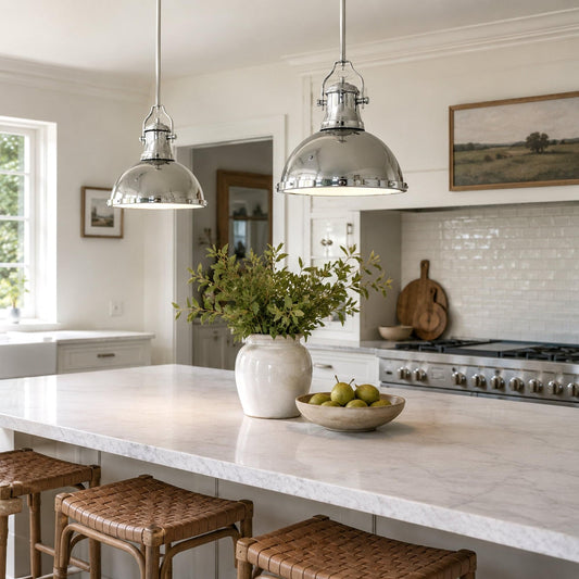 Chrome metal pendant light, domed shade with hanging cords and ceiling canopy