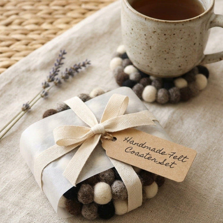 Monochrome Pebble / Black Wool Felt Coasters – Set of 4