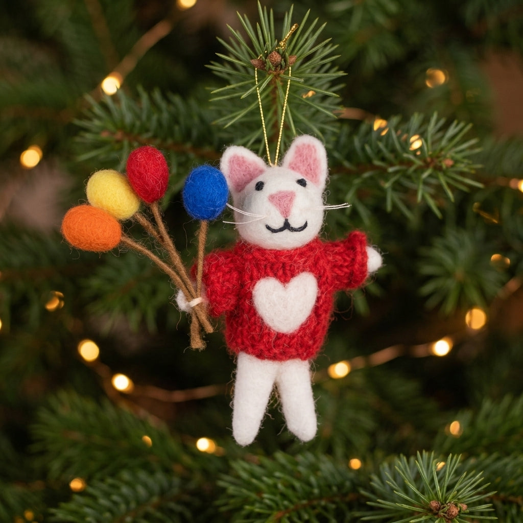 Handmade Wool Felt Bunny with Balloons Ornament