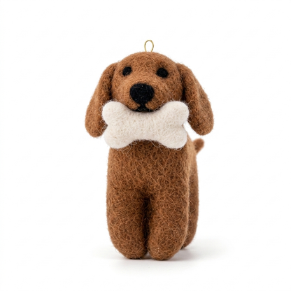 Handmade Wool Felt Golden Retriever Ornament with Bone