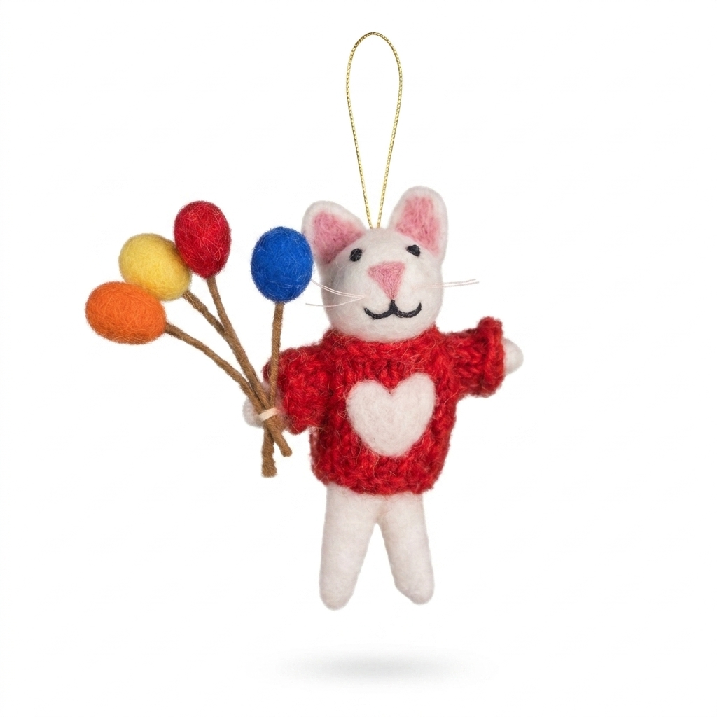 Handmade Wool Felt Bunny with Balloons Ornament