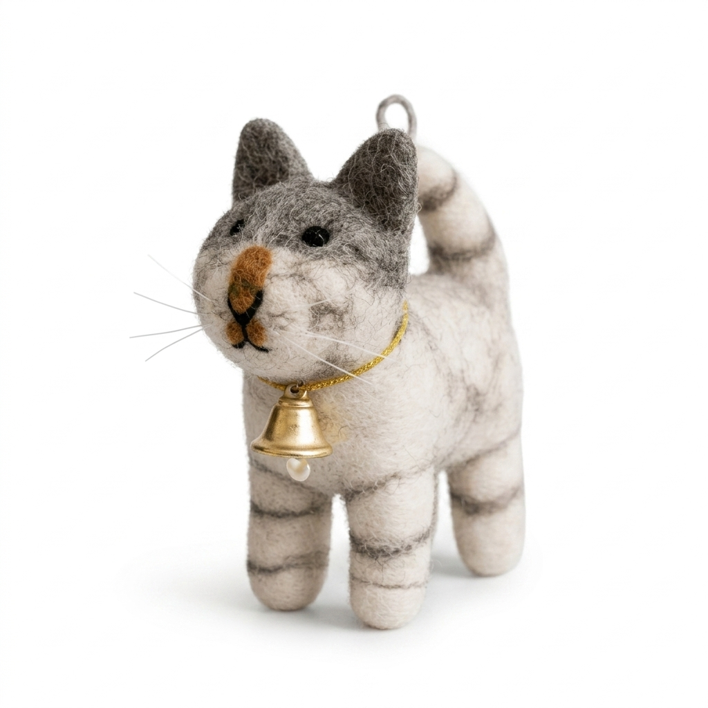 Handmade Wool Felt Grey Tabby Cat Ornament