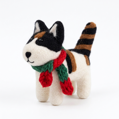 Handmade Wool Felt Calico Cat with Christmas Scarf Ornament