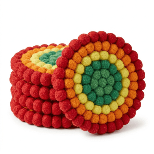 Round rainbow wool felt coaster with raised pom-pom rings