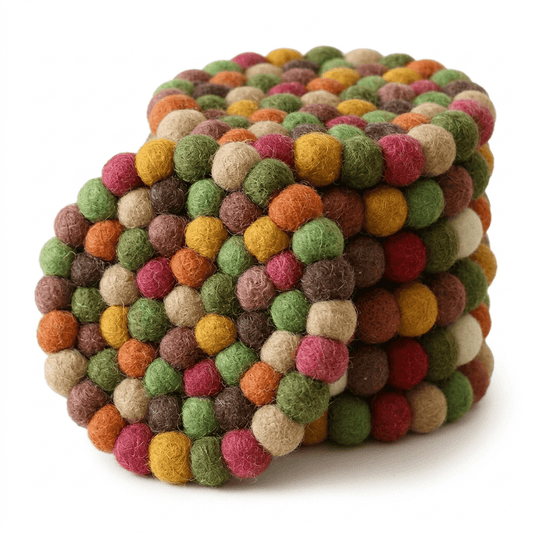 Wool felt coaster with multicolor felt pom-pom border, round, autumn earth tones