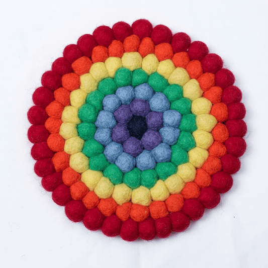 Round rainbow felt trivet with red, orange, yellow, green, and blue looped fibers